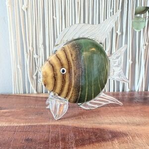 Vintage Handmade Blown Glass Tropical Fish Figurine - 9” x 9” Green & Amber